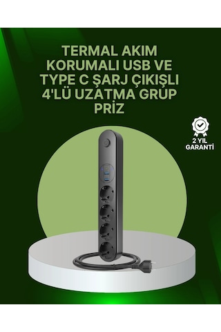 Ceylan Adam 4 Priz 2 Usb 1 Type-c Akım Korumalı Çoklu Priz Led Anahtarlı Standart