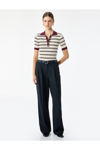 Koton Regular Fit Polo Yaka Çizgili Kısa Kollu Triko Kazak Bordo Çizgili 7wak90456ht