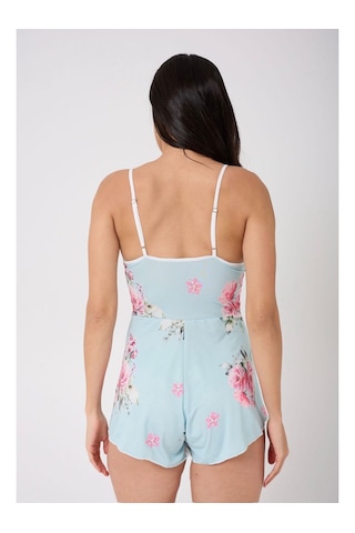 Eloria Fashion Dantel Detaylı Askılı Çiçek Desenli Kadın Tulum Pijama,gecelik Turkuaz