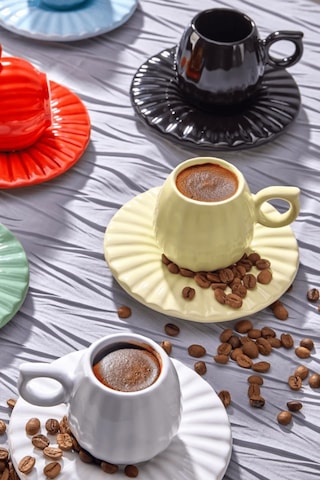 12 Parça 6 Kişilik Kabak Model Çizgili Kahve Fincan Takımı Renkli
