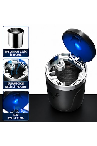 Araç İçi Dumansız Küllük Duman Emici Led Işıklı Kapaklı Koku Önleyici Oto Araba Küllüğü