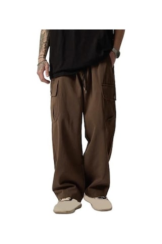 Çok Cepli Amerikan Tarzı Düz Geniş Paça Gevşek Bağcıklı Elastik Bel Erkek Kargo Pantolon Seyahat Günlük Kullanım İçin Sokak Pantolonu Kahverengi