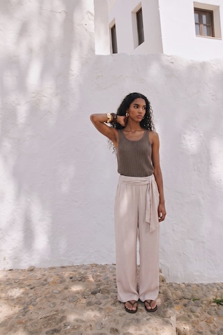 Sateen Kuşaklı Pantolon - Taş-137700