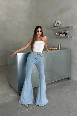 Extra Geniş Paça Yüksek Bel Likralı İspanyol Jeans Buz Mavi