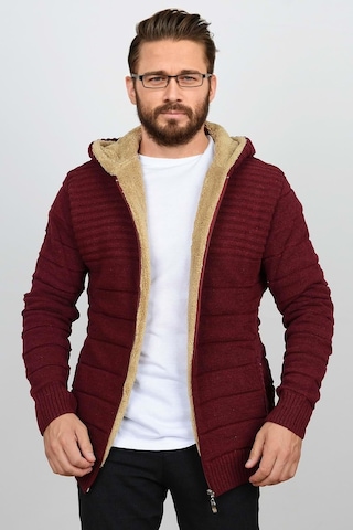 Erkek İçi Kürklü Kapüşonlu Fermuarlı Triko Hırka Bordo T743 Bordo