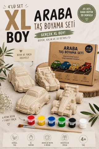 3d Araba 4'lü Taş Boyama Seti 4'lü Figür, 6 Renk Boya Ve 1 Fırça Çocuklar Ve Çiftler Aktiviteçocuk Gelişimi Boyama Etkinlik Seti Zoo Painting