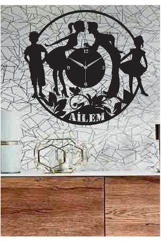 Ailem Temalı Dekoratif Ahşap Duvar Saati Ahşap