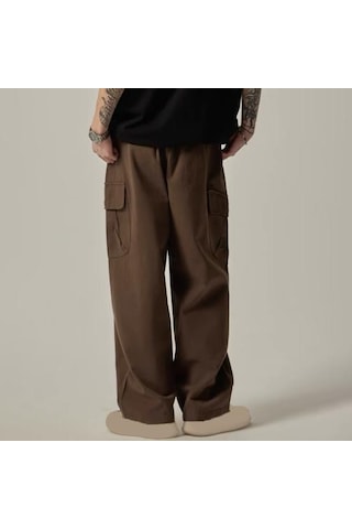 Çok Cepli Amerikan Tarzı Düz Geniş Paça Gevşek Bağcıklı Elastik Bel Erkek Kargo Pantolon Seyahat Günlük Kullanım İçin Sokak Pantolonu Kahverengi
