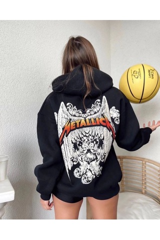 Mbb E-ticaret Kadın 2 İplik Metallıca Baskılı Kapüşonlu Hoodie Sweatshirt - Siyah