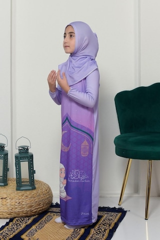 Çocuk Namaz Takımı Pratik Tek Parça Desenli Kollu Tak Çıkar Başörtülü Likralı Tesettür Elbise 6-12 Yaş 925-0201 Mor