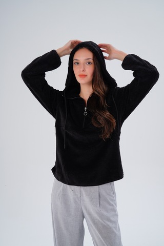 Gülmina Moda Kadın Çift Taraflı Wellsoft Yarım Fermuarlı Kapişonlu Sweat - Siyah