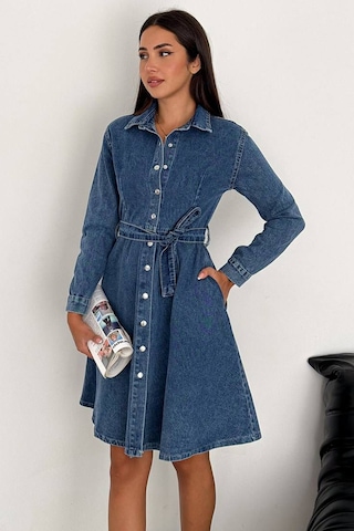 Noa & Noa Kadın Kuşaklı Düğmeli Denim Elbise Timeless Fit Mavi