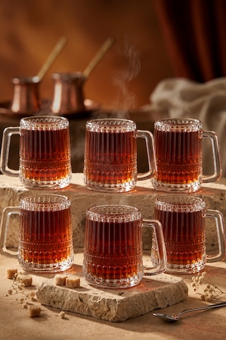 6 Lı Cam Kulplu Çizgili Çay Bardağı Bardak Kupa 150ml Şeffaf