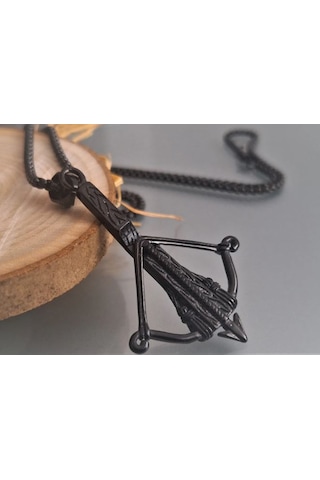Paslanmaz Çelik Arbalet Tatar Yay Ok Kolye /60 Cm Siyah Zincirli Siyah