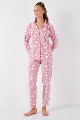 Lela Standart Fit Düğmeli Polarlı Bayan Pijama Takımı 6095617 Pudra