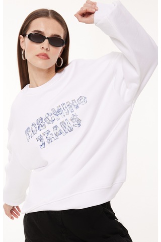 Moschino Jeans Bisiklet Yaka Baskılı Beyaz Kadın Sweatshırt A1703