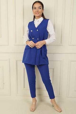 By Saygı 6 Düğmeli Sahte Cepli Kuşaklı Yelek Beli Lastikli Dar Paça Pantolon 2'li Takım Saks