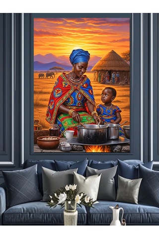 Ahşap Tablo Afrikalı Kadın Yemek Yapıyor