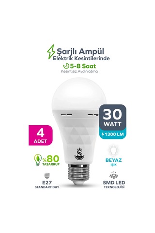 Şarjlı Akülü 30w Beyaz Işık Led Ampul 4 Adet 4 Adet