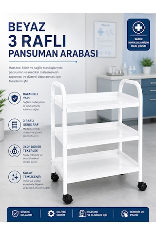 3 Katlı Beyaz Pansuman Ve Cihaz Arabası