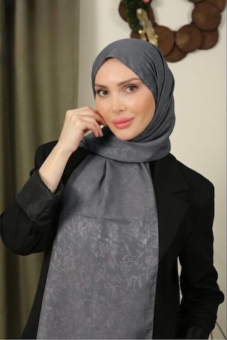 Flora Tekstil Çiçekli Desen İnce Medine İpeği Jakar Şal Füme