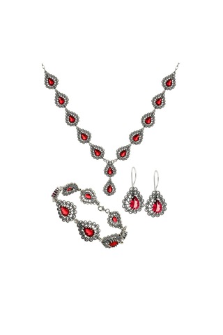 Miras Serisi Gümüş Zirkon Taşlı Telkari Gerdanlık Takı Seti Gümüş