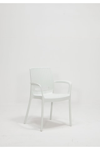 Rattan Camlı Kollu 6 Kişilik Bahçe Masa Takımı-Beyaz