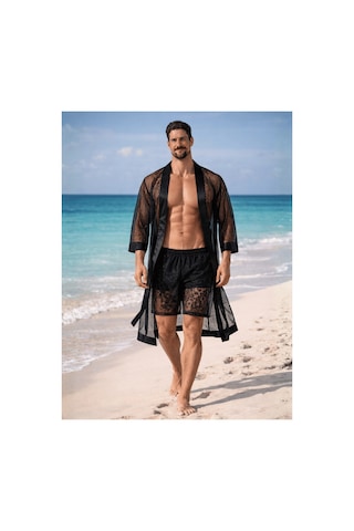 Qmen Style Erkek Kimono Takımı - 3 Lü File Set Bornoz + Pantolon + Şort Siyah