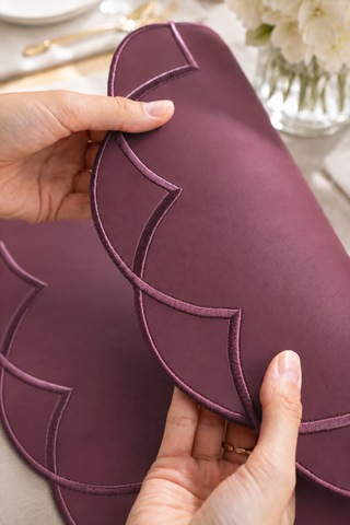 Nakışlı Deri Amerikan Servis 2'li Set Çift Taraflı Yuvarlak Supla 40x40 Cm Vance Bordo