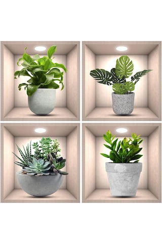 Mufunye 4 Adet 3d Yeşil Bitki Duvar Sticker, Vinyl Materyal, Su Geçirmez, Kolay Yapıştır, Pencere-kapı-cam-usta Çamaşırı, 30x30 Cm, Multirenkli Çok Renkli