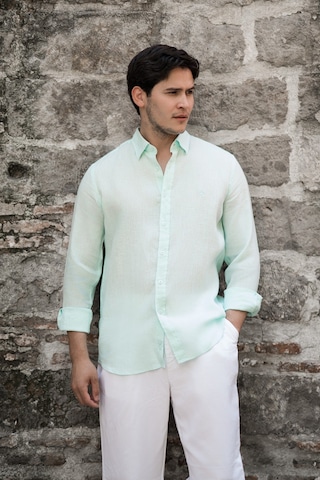Paul Martin Regular Fit Gizli Düğmeli Yaka %100 Linen Ham Keten Gömlek Mint