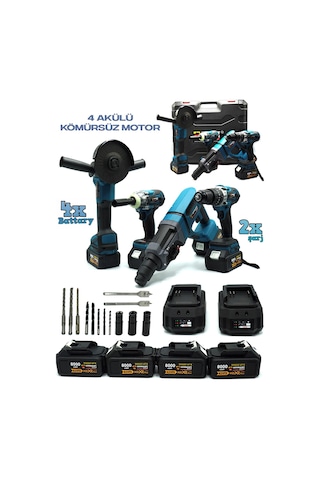 Germany Style GRM99880VFX 4'lü Set 2-26 Şarjlı Kırıcı - Şarjlı Taşlama - Matkap - Somun Sıkma Seti