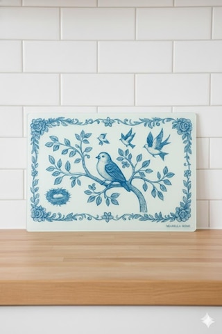 Cam Kesme Tahtası Sofra & Mutfak Kesme Tahtası Sunum Tahtası Cam Doğrama Tahtası Sunumluk Beyaz - Mavi