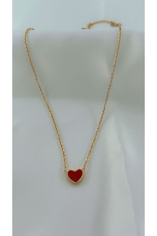 Kadın Özel İki Renkli Siyah Kırmızı Kalpli Çelik Kolye Altın