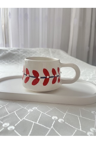 Kırmızı Yaprak Desenli Kupa Bardak Çay Kahve Fincanı Kırmızı