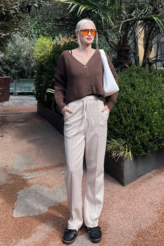 Madmext Bej Beli Ayarlanabilir Geniş Paça Pantolon Mg2215 Bej