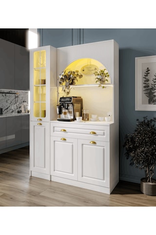 Guneystore Armoni Gold Midi Kahve Köşesi Sol Vitrinli Komple Mdf Beyaz