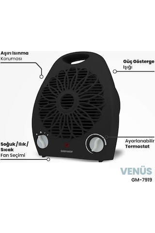 Goldmaster Venüs GM7919S 2000W Isıya Dayanıklı Sıcak Ilık Soğuk Devrilme Emniyetli Isıtıcı Fan Siyah