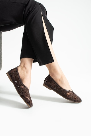 Dabab Shoes Florıa Dantel Kadın Acı Kahve Düz Babet Dantel Dokuma Çiçek Desenli Zarif Günlük Ayakkabı Kahverengi
