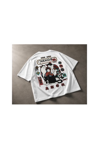 Yolo Street Oversize Beyaz Unisex Tişört %100 Pamuk Japon Kedi Dövme Baskılı Neko Vintage Grafik Beyaz1xa