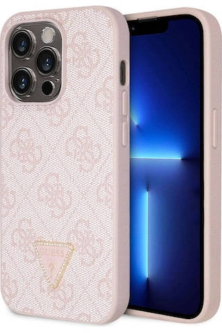 Apple Uyumlu iPhone 14 Pro Max Kılıf Guess Lisanslı Pu Deri Taşlı Üçgen Logo 4g Desen Kapak