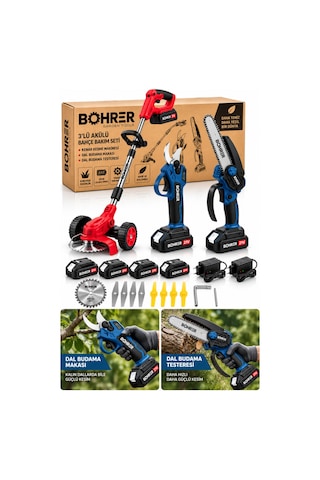 Böhrer Ba0115408 3 Lü Akülü Bahçe Bakım Seti Kenar Kesme Makinesi, Dal Budama Makası Ve Zincirli Dal Budama Testeresi 4 Akü 2 Şarj