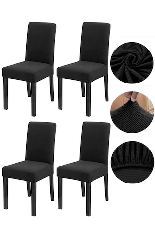 Bambu Nano Kumaş Likralı Lastikli Sandalye Kılıfı Yıkanabilir Esnek Sandalye Örtüsü 4 Lü Set Siyah
