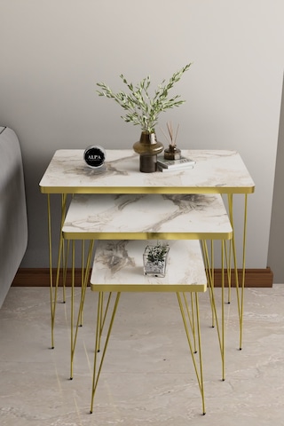 3'lü Gold Tel Ayaklı Dikdörtgen Zigon Sehpa Takımı - Modern Salon ve Yan Sehpa Seti
