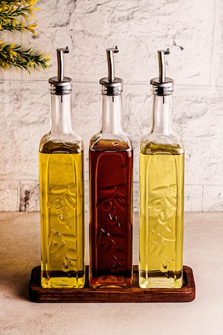 Snippy Safir - Ahşap Standlı 3'lü Cam Damlatmaz Yağlık Sirkelik Zeytinyağı Sıvıyağ Şişesi Yağlık 500ml Ahşap
