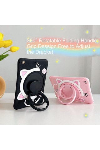 Apple Ipad 8. Ve 9. Nesil 10.2 Inç 2020 / 2021 Uyumlu Kedi Kılıf Standlı Eğlenceli Koruma Siyah