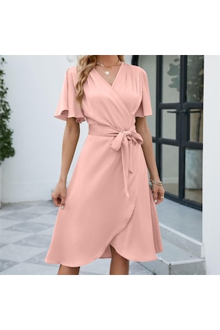 Hnxc Kadın Moda Yaz Bahar Düz Renk Baskı Kısa Kollu V Yaka Yüksek Bel Günlük Elbiseler Pembe