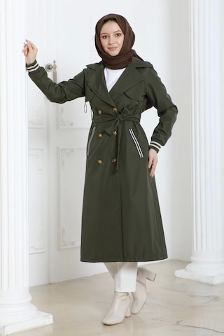 Bondit Kumaş Ribanalı Uzun Boy Trençkot / Haki - M0110 Haki