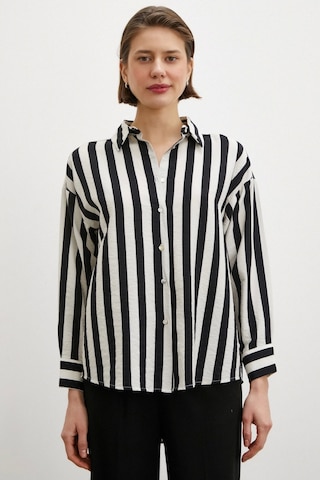 Never More Robalı Çizgili Gömlek Siyah