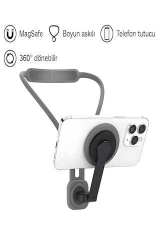 360 Ayarlanabilir N52 Mıknatıslı Magsafe Boyun Askılı Telefon Tutucu Eller Serbest Kullanım Siyah Siyah